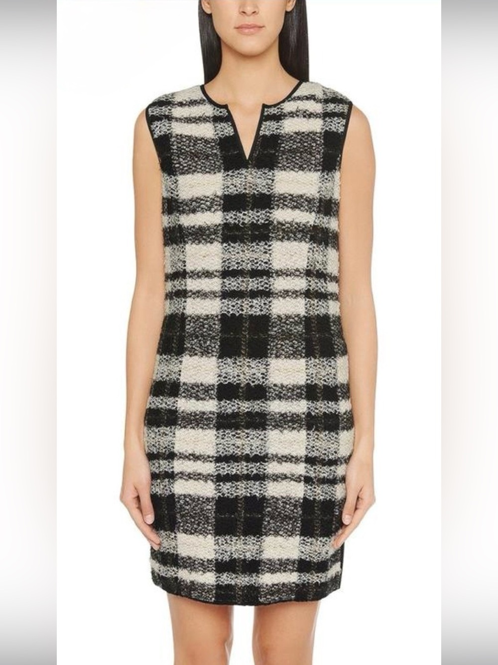 Marc Cain Black Cream Plaid Wool Blend Knit Shift Dress US 8 Designer